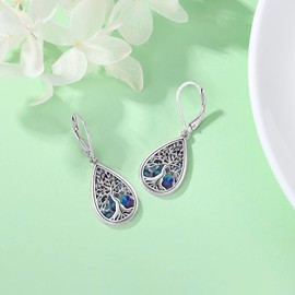 Tree of Life Earrings 925 Sterling Silver Abalone Shell Tree of Life Hanging Earrings Jewellery for Women Girls Birthday Mother's Day Jewellery Gifts, Sterling Silver, No Gemstone