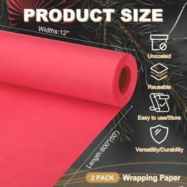 PATIKIL Wrapping Paper, 2 Pack 12"x600"(50') Gift Wrapping Paper Christmas Rolls Long Christmas Wrapping Paper 80 GSM Craft Kraft Packing Paper for Large Gift Flower Bouquet, Red