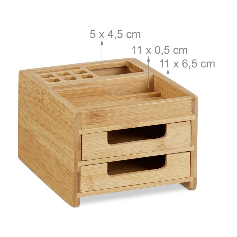 Relaxdays Schreibtisch Organizer Bambus, Stiftehalter Holz, Schreibtischbox Schubladen, HxBxT: 9,5