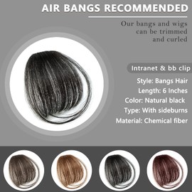 2PCS Clip in Bangs Real Human Hair,Fake Bangs Hair Clip on Bangs for Women,Curved Wispy Bangs with Temples Hairpieces,Bangs Clip in Hair Extensions Air Fringe for Girls Daily Wear - Natural Black