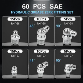 60Pcs Grease Fittings Kit, 1/4 & 1/8 Inch BSP Grease Zerk Fittings Assortment with 90 Degree, 45 Degree, and Straight Angle for Automotive, Tractors, and Industrial Machinery