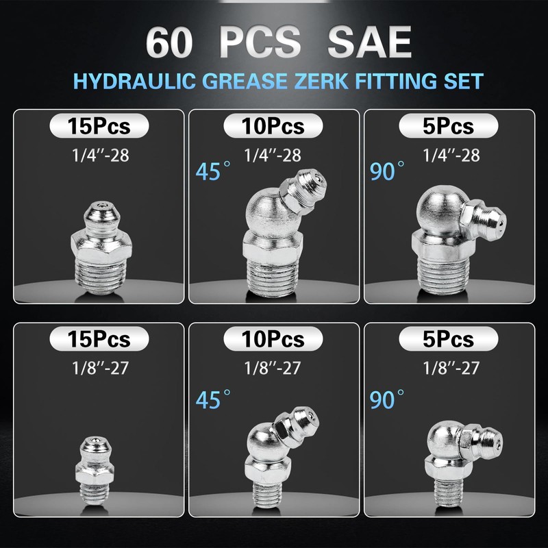 60Pcs Grease Fittings Kit, 1/4 & 1/8 Inch BSP Grease