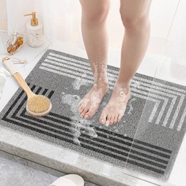 Shower Mat Non Slip Anti Mould Bathroom Bath Mat for Inside Bath, Soft PVC Loofah Shower Mat for Inside Shower with Excellent Permeability, Dirt-resistant, Cuttable (Black & White Lines, 60 x 40 cm)