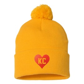 Go All Out One Size Gold Pom Kansas City KC Heart Embroidered Knit Beanie Pom Cap