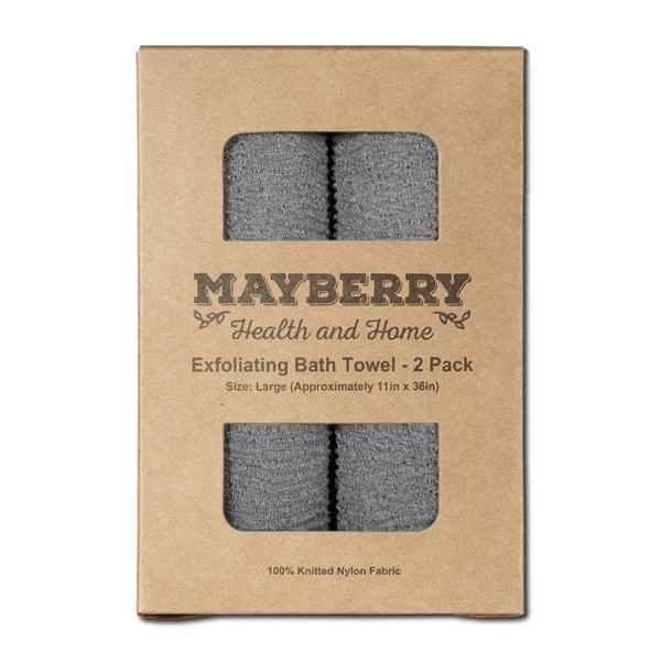 Mayberry Health and Home Extra Long (36 Inches) Exfoliating Bath Cloth (2 Pack) Gray Nylon Bath Towel, Stitching on All Sides for Added Durability