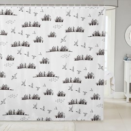 Hunting Duck Shower Curtain,Sketch Duck and Lake Leaves Bathroom Curtain for Kids Boys Men Cabin Room Decor,Rustic Farmhouse Animals Waterproof Curtain Grey White Bath Curtain,12 Hooks,72"Wx72"L