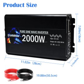 EARNMee 2KW 12V DC to 110V AC 2000W Off-Grid Solar Pure Sine Wave Power Inverter with LCD Display for Car Rv HomeOutput Power: 2KW, Input Voltage: 110V, Output Voltage: 12V , color: Black