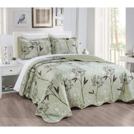 Masterplay,3-Piece Fine Printed Oversize (118inch X 95inch) California Cal King Size Quilt Set , Bedspread Coverlet Bed Cover (Sage Green, Brown, White, Vine)