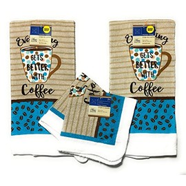 Home Collection 4 Piece Set of 2 Coffee Themed Dish Towels and 2 Dishcloths