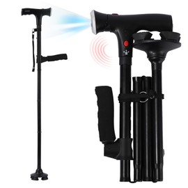 Walking Cane,Folding Cane with Led Light and Alarm,Walking Cane for Women, Adjustable Cane Suitable for Arthritis Disabled and Elderly, Cane with Cushioned T Handle and Swivel Four Pedestal