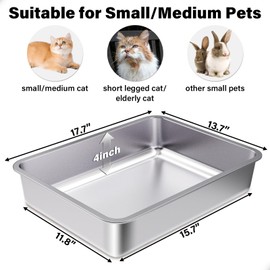 FUTAM Stainless Steel Litter Box, Metal Litter Boxes 17.7" x 13.7" x 4",Small Litter Box for Kittens,Easy Entry Easy Clean Non Stick No Smell for Senior Cats or Short Legged Cat/Bunny
