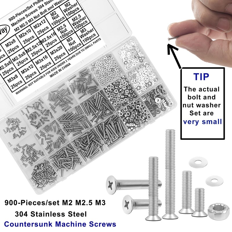FandWay 900Pcs Bolts and Nuts Set,M2 M2.5 M3 Countersunk Machine