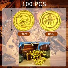 LVYOUIF 100 PCS Pirate Gold Coins Plastic Play Treasure Coins Golden Toy Coins St.Patrick's Coin for Pirate Party Pirate Tokens Coins Toy for Kids Treasure Hunt Game Round Treasure