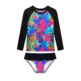 WhizBuzz Girls Bathing Suits Ruffled Tankini Size 6-7 Years Old Long Sleeve Rush Guard Bikini Sets Colorful Leaves Swimsuits