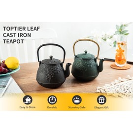 Toptier Tea Kettle for Stove Top, Cast Iron Teapot Stovetop Safe with Infusers for Loose Tea, 54 oz, Black