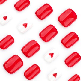 24Pcs Valentine's Red Press on Nails Short Square Red Love Heart Fake Nails Solid Color Acrylic Nails Valentine's Nails Press Ons Full Cover Artificial Nails Holiday Stick on Nails for Women
