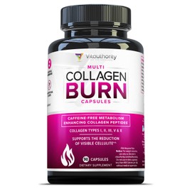 Multi Collagen Burn: Multi-Type Hydrolyzed Protein Peptides with Hyaluronic Acid, Vitamin C, SOD B Dimpless, Types I, II, III, V and X, Caffeine-Free (Unflavored Capsules)