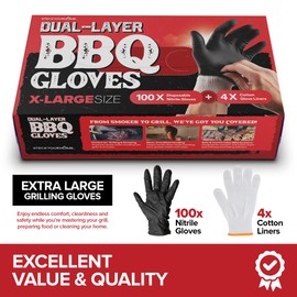 BBQ Grilling Gloves Kit (Large) – 100 Nitrile Disposable Gloves & 4 Cotton Liners, Heat-Resistant & Waterproof for Cooking, Smoking Meat & Cleaning