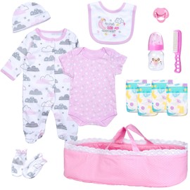 PEDOLLTREE 13 Pcs Reborn Baby Dolls Clothes Girl Accessories Outfit with Pink Dot Bassinet and Diapers Set for 17-22 Inch Reborn Dolls Newborn Baby Girl