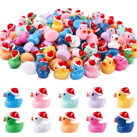 JOISHOP 50pcs Mini Ducks, 10 Colors Resin Mini Christmas Ducks Little Small Tiny Plastic Ducks with Christmas Hat for Christmas Party Bag Fillers Indoor Decoration