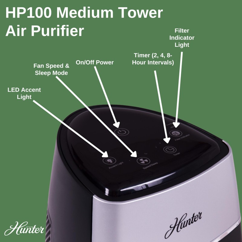 Hunter Fan Company HP100GRS Air Purifier, Small Tower, Gray &