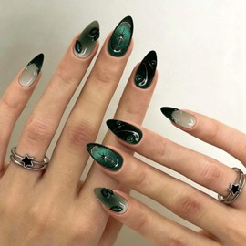 24Pcs Dark Green Press On Nails Medium Almond French Fake Nails with Star Design for Party, Holiday & Daily Wear for Women