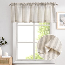TOPICK Net Curtain Striped Linen Curtains with Stripes Kitchen Curtain Opaque Short Kitchen Curtains for Kitchens Dining Room Bathroom Small Window 1 Piece 125 W x 40 H (cm) Grey on Beige