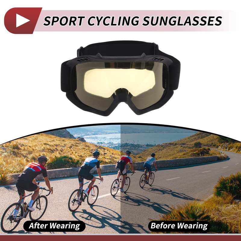 HOPESPANNER Motorcycle Riding Goggles TPU Cycling Sunglasses Yellow Lens Black
