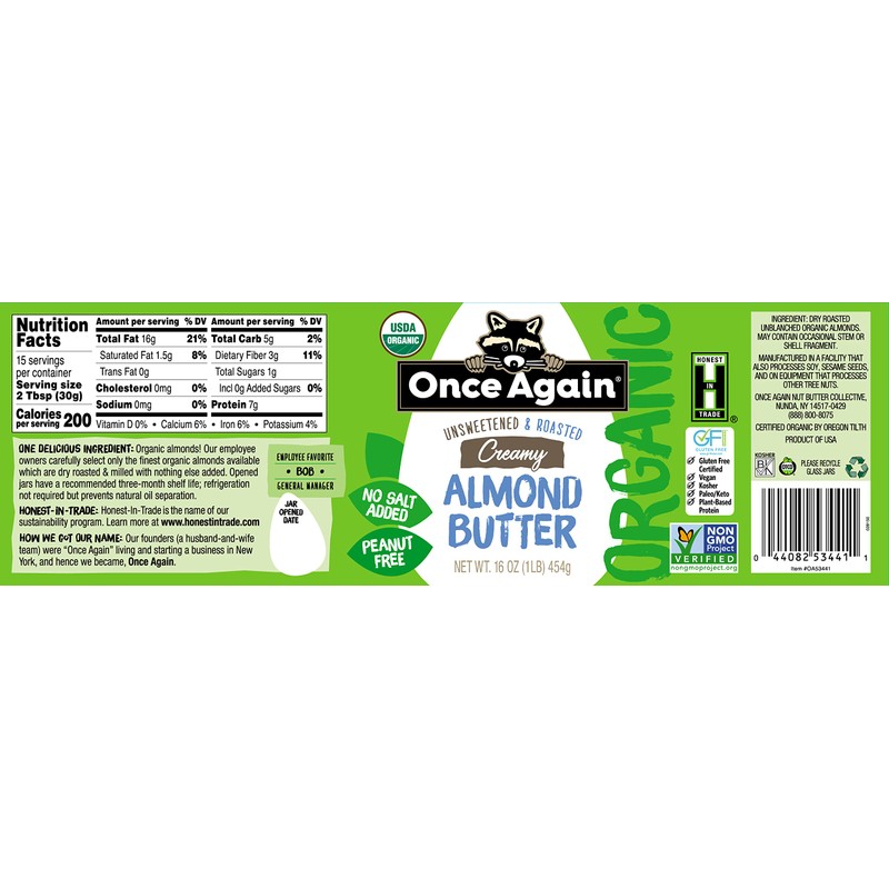 Once Again Organic Creamy Almond Butter, 16oz - Roasted -