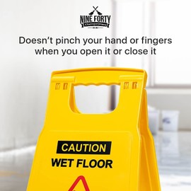 Nine Forty No-Pinch Handle FULL SIZE 24" Height Commercial Caution Wet Floor Sign | Sturdy and Durable Yellow 2-Sided Fold-Out A-Frame Design | Bilingual Message - 24" Height | Ideal for Indoor and Outdoor Use | Pack of 3