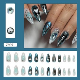 EYZOTSF Press on Nails Almond Medium Length Acrylic French Almond Shaped False Nails with Designs Artificial Medium Fake Nails with Charms Glue Stick ons Fingernails for Women Girls(Z997)