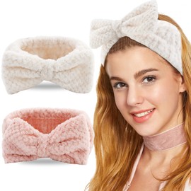 ACO-UINT 2 Pack Spa Headbands, Soft Headbands for Washing Face Make Up Headbands, Microfiber Hair Band Skincare Headbands for Women Girls (White and Pink)