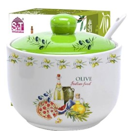 STP GOODS Italian Dishes Ceramic Sugar Bowl with Spoon, Sugar bowl with lid and spoon, Ceramic Sugar Bowl with Spoon, Coffee Shop Sugar Bowl, Sugar Bowl, Kitchen Decor (Yellow)