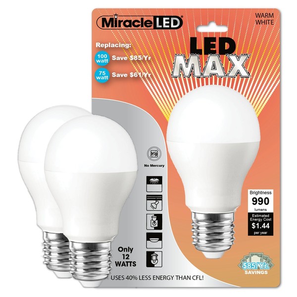 Miracle LED MAX, Replaces 100W Household Bulbs, Outperforms Floods in 9-20' Tall Ceilings, Soft White, 2 Pack (604718)