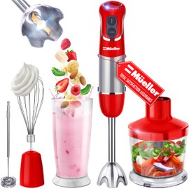 Mueller Multistick 800W 4-in-1 Immersion Blender Handheld, 12 Speed Hand Mixer - Turbo Boost, Heaviest Duty Copper Motor, Titanium Blades Hand Blender, Milk Frother Wand, Red Kitchen Accessories