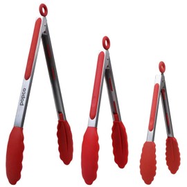 POPCO Popco Silicone Tongs for Cooking Grilling (3 food tongs x 7/9/12-Inch) Heavy Duty Stainless Steel BBQ Tongs for Grilling, Cooking Tongs, Kitchen Tongs with Silicone Tips, Salad Rubber Tongs Buffet