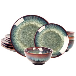 jinsongdafa Dinner Set 12 Pieces - Round Reactive Glaze Tableware - Kitchen Dinnerware Porcelain Crockery with Dinner Plate, Bowl and Soup Plate Service for 4, Microwave Dishwasher Safe, Set (No.2)