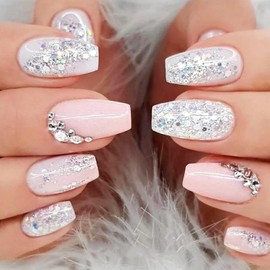 Press on Nails Medium Coffin French Tip Fake Nails with White Silver Glitter Rhinestones Design Full Cover Glossy Acrylic Glue on Nails False Nails Thick Stick on Nails for Women 24Pcs JP2375