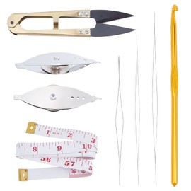 BENECREAT Set of 8 Bobbin Occhi Shuttle Silver Metal Needle Occhi Sewing Craft Tools, Including Iron Shuttles, Aluminium Crochet Hook, Scissors, Soft Tape Measure and Bead Needles with Large Eyelets
