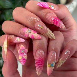 24Pcs Handmade Almond Press on Nails Medium Fake Nails 3D French Tip False Nails with Rhinestone Starfish Flower Designs Acrylic Nails Press ons Spring Summer Flower Nails for Women