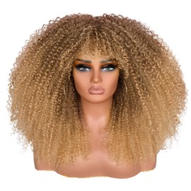 Lizzy Curly Afro Wigs for Black Women 18 Inches Afro Bomb Curly Wig with Bangs Synthetic Fiber Glueless Long Kinky Curly Hair Wigs for Daily Party (Ombre Blonde)
