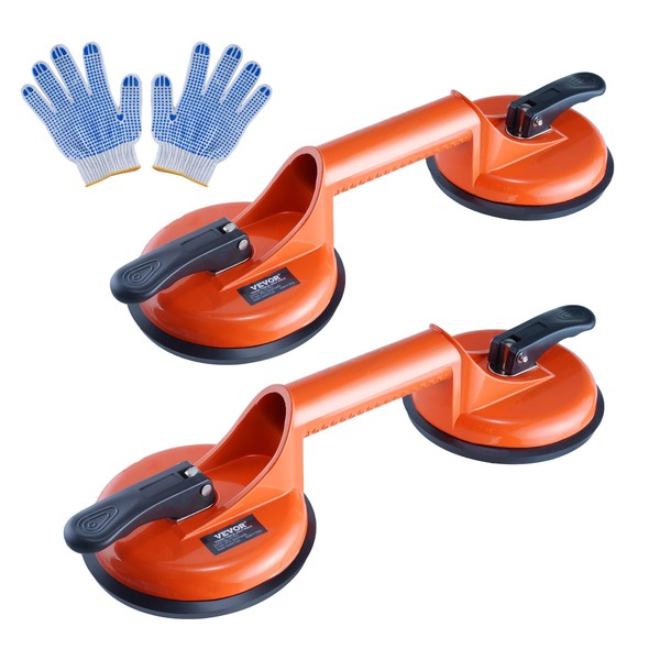 VEVOR Glass Suction Cups, Heavy Duty Aluminum Plate Handle Glass Holder Hooks to Lift Large Glass/Moving Glass,Window/Floor Gap Fixer/Tile Lifter/Dent Pulle(2 Pack, Orange)