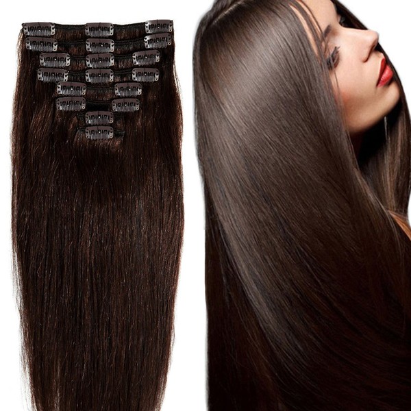 US Stock 70g 20" Dark Brown 100% Real Natural Straight Full Head Set Clip in 100% Remy Human Hair Extensions Top Grade 7A For Woman Beauty 8Piece 18Clips