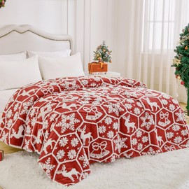 WONGS BEDDING Christmas Blanket Warm Thick Blanket for Winter, Reversible Red Soft Deer Geometry Blanket Cozy Christmas Throw Blanket for Bed, Couch, Sofa 150×200cm