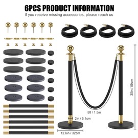 kaiyomi 6Pcs Stanchions Posts with Black Velvet Ropes Set, 5 Feet Crowd Control Barrier Kit for Red Carpet Party Decoration and Ribbon Cutting Ceremony (Golden & Black)