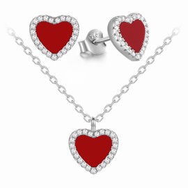 Evensee Heart Earrings Silver 925 for Women, Stud Earrings Necklaces Jewellery Set with Black Onyx and Mother of Pearl, Elegant Gifts for Women Girls Girlfriend Birthday Wedding, Sterling Silver