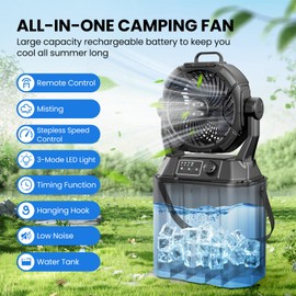 Wilody Portable Misting Fan Rechargeable with Remote Control, 6L Bucket Camping Fan with LED Lights & Stepless Speed Control & Cooling Mist, Portable Handle & Rotate Hook, Timer Function