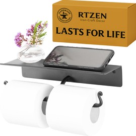 RTZEN Bathroom Toilet Paper Holder with Shelf - Handcrafted Rustic Wrought Iron Wall Decor Toilet Roll Holder - Black Matte Wall Mount Bar for Modern Farmhouse Bathroom Decor