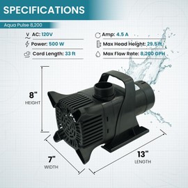 HALF OFF PONDS Submersible Water Pump, 8,200 GPH Pond Pump with 33 FT Power Cord and 29 FT Max Head, 500W Ultra Quiet Energy Efficient Pump for Koi Pond, Fountain, Waterfall, Water Garden, Skimmer