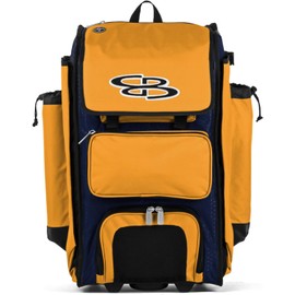 Boombah Rolling Catcher's Superpack Baseball/Softball Gear Bag - 23-1/2" x 13-1/2" x 9-1/2" - BM-9124C23 Navy/Gold - Telescopic Handle - Holds 4 Bats - Wheeled Version